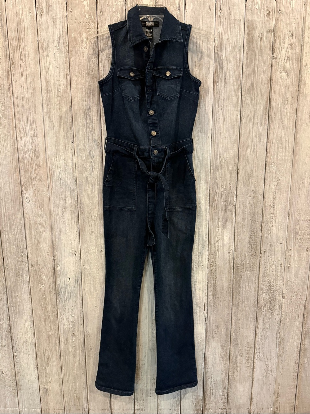 American Original Rewashed Sleeveless Dark Indigo Denim Jumpsuit with Tie Belt